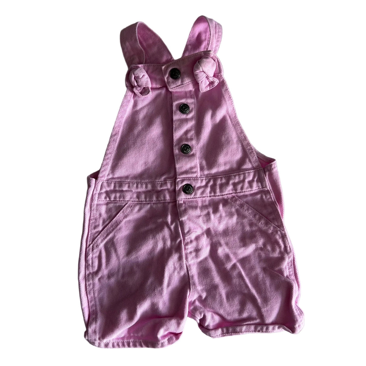 Sprout Age 1 short dungarees / shortalls in pink with plain with button front placket and patch pockets — gently loved condition.
