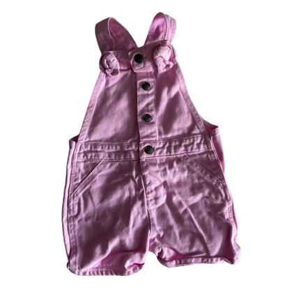 Sprout Age 1 short dungarees / shortalls in pink with plain with button front placket and patch pockets — gently loved condition.
