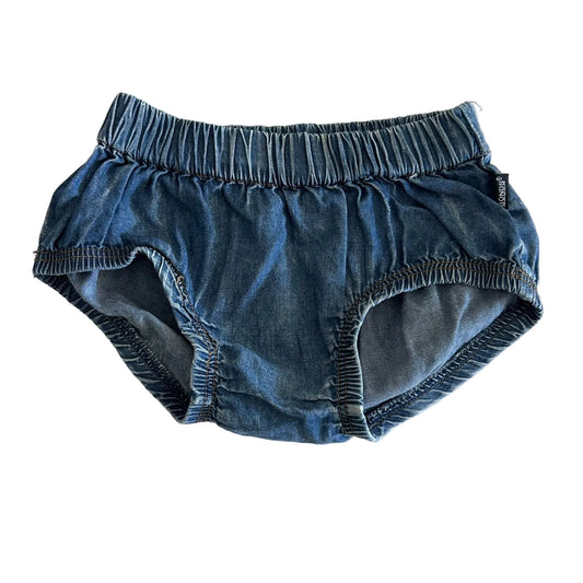 Bonds Age 00 nappy cover pants / bloomers in blue denim with washed denim look, elasticated waist and leg openings — gently loved condition.