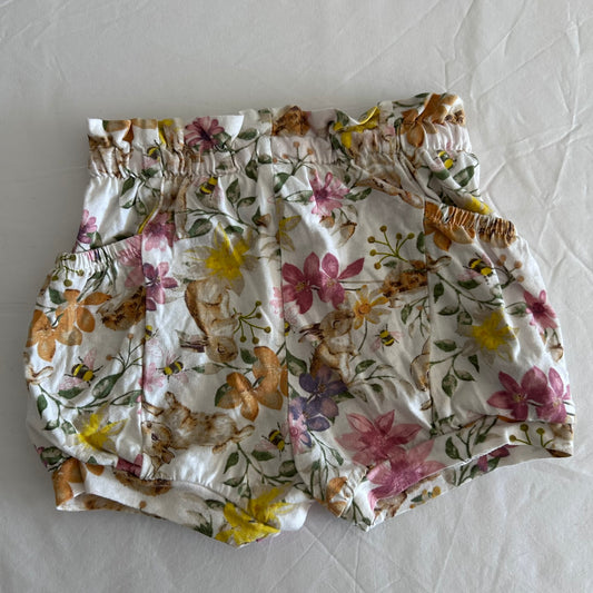 Baby Berry Age 0 bloomer shorts in white, pink, yellow, green, brown with floral and woodland animal print with bunnies, bees, and birds — gently loved condition.