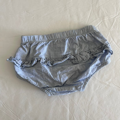 Chic Collection by Laranjha Age 1 baby bloomer shorts in light blue with dobby spot fabric with frill trim on back — gently loved condition.