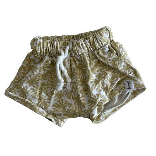 Bobby G Age 1 bubble shorts in golden yellow and white with tropical monstera leaf print — like new condition.
