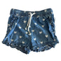 Sprout Age 0 pull-on shorts in blue, white with all-over white heart print, elasticated ruffle hem, elasticated waistband with white drawstring — gently loved condition.