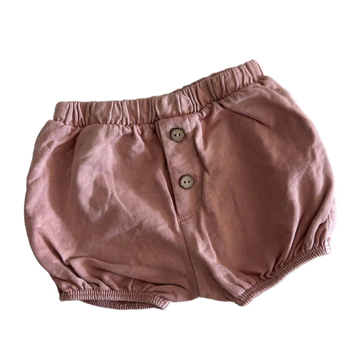 Purebaby Age 0 baby bloomer shorts in dusty pink with plain with two decorative buttons on front — gently loved condition.