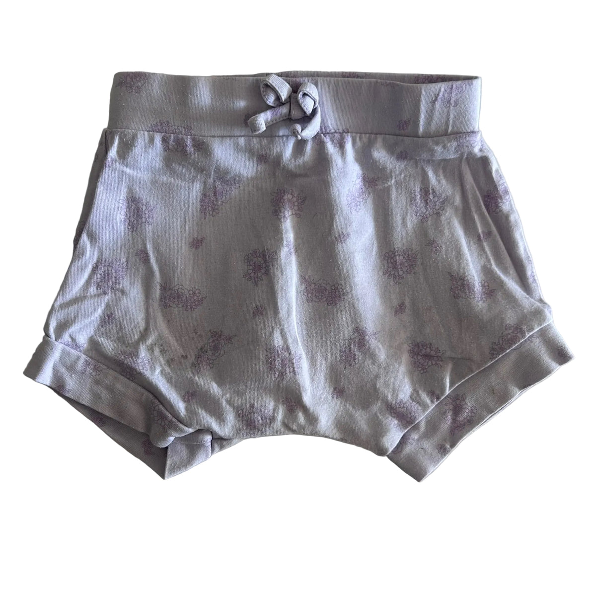 Anko Age 00 baby shorts in lavender/white with floral print, elasticated waistband with tie, cuffed hem — well loved condition.