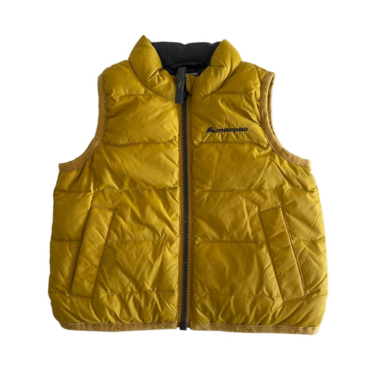 Macpac Age 0 reversible gilet / puffer vest in mustard yellow, charcoal with quilted baffle stitching — gently loved condition.