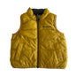 Macpac Age 0 reversible gilet / puffer vest in mustard yellow, charcoal with quilted baffle stitching — gently loved condition.