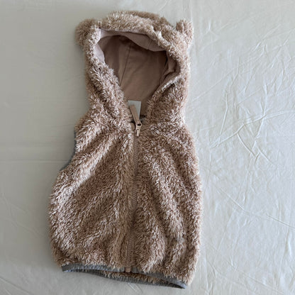 Baby Berry Age 1 hooded sherpa fleece vest, sleeveless in tan/beige with bear ear hood detail — gently loved condition.