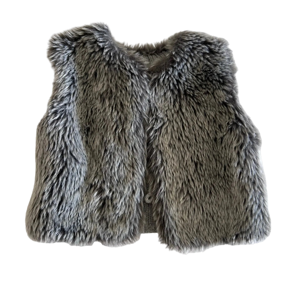 Lily & Dan Age 0 faux fur sleeveless vest/gilet in grey with mixed grey faux fur exterior, knit interior lining — gently loved condition.