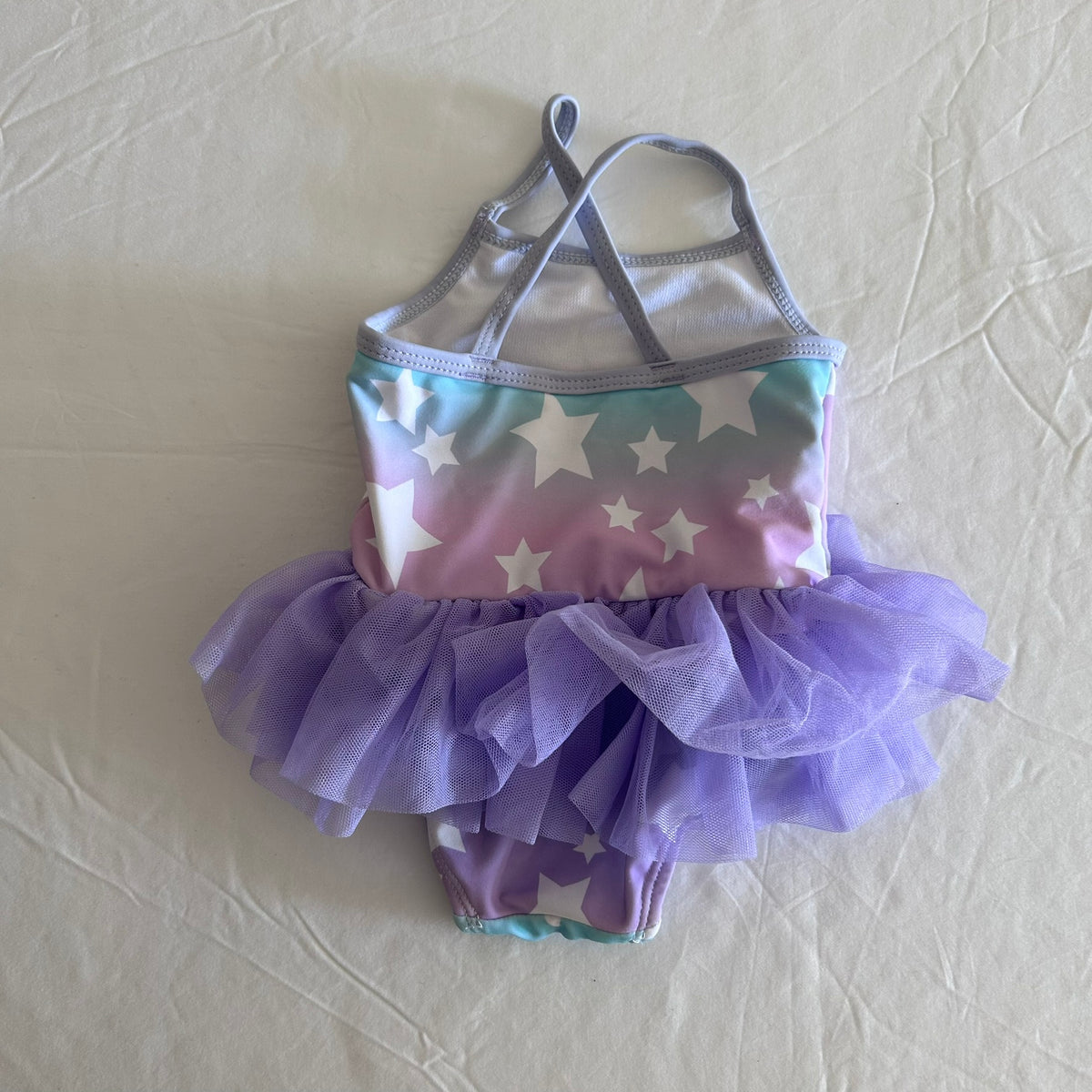 SHEIN Age 000 sleeveless ruffle swimsuit in cream, coral, black with monarch butterfly print — like new condition.