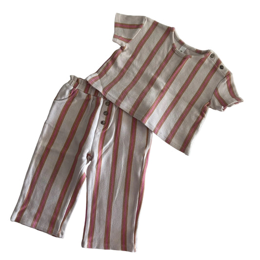 Dymples Age 1 short sleeve t-shirt and wide leg pants set in white, pink, tan with vertical stripes — like new condition.