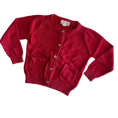 Pumpkin Patch Age 1 long sleeve button-up knit cardigan in red with ribbed cuffs, hem and neckline trim, two patch pockets — gently loved condition.