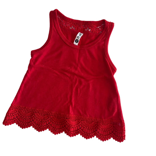 Big W Age 1 sleeveless tank top in red with crochet lace trim at hem and back neckline — gently loved condition.