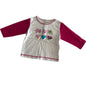 Okie dokie Age 1 long sleeved t-shirt in white and hot pink with embroidered and appliqué butterflies, flowers, heart, and 'love' text on front; pink contrast stitching at neckline and hem — like new condition.