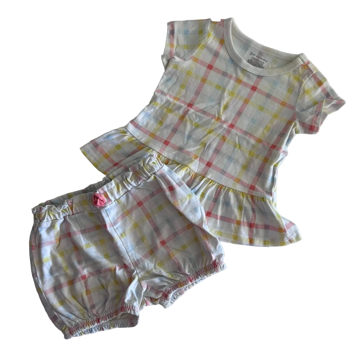 First Impressions Age 1 short sleeve peplum top and bloomer shorts set in white, pink, yellow, blue, coral with pastel multicolour plaid check; small pink rose appliqué on shorts waistband — gently loved condition.