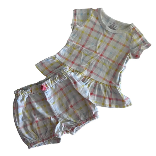 First Impressions Age 1 short sleeve peplum top and bloomer shorts set in white, pink, yellow, blue, coral with pastel multicolour plaid check; small pink rose appliqué on shorts waistband — gently loved condition.
