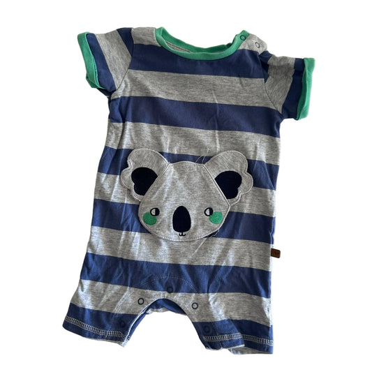 Sprout Age 00 short sleeve romper in navy, grey, green with horizontal stripes, koala face applique — gently loved condition.