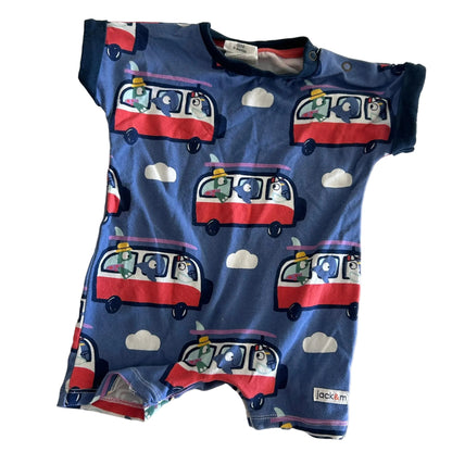 Jack & Milly Age 000 short sleeve romper in blue, red, white, navy with allover print of cartoon animals in red and white retro vans with clouds — gently loved condition.