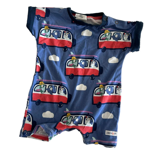Jack & Milly Age 000 short sleeve romper in blue, red, white, navy with allover print of cartoon animals in red and white retro vans with clouds — gently loved condition.