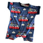Jack & Milly Age 000 short sleeve romper in blue, red, white, navy with allover print of cartoon animals in red and white retro vans with clouds — gently loved condition.