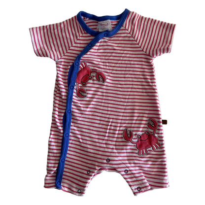Sprout Age 00 short sleeve zip up & snap-front romper in red, white, blue with horizontal red and white stripes with red crab appliqués and blue trim/snap placket — gently loved condition.