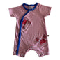 Sprout Age 00 short sleeve zip up & snap-front romper in red, white, blue with horizontal red and white stripes with red crab appliqués and blue trim/snap placket — gently loved condition.