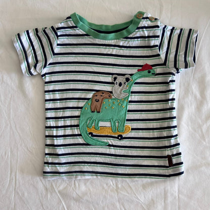 Sprout Age 00 long sleeved t-shirt in white, navy, green with vertical stripes with embroidered animal appliqué (crocodile, bear, panda) — gently loved condition.