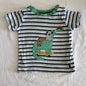 Sprout Age 00 long sleeved t-shirt in white, navy, green with vertical stripes with embroidered animal appliqué (crocodile, bear, panda) — gently loved condition.