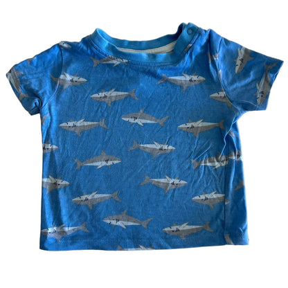 Dymples Age 00 short sleeve t-shirt in blue with all-over shark print — like new condition.