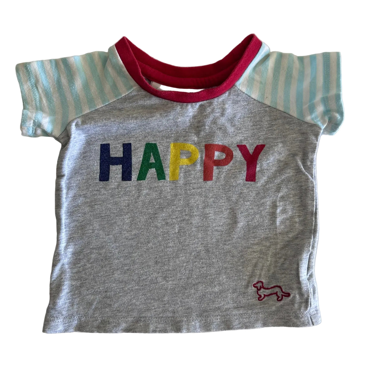 Peter Alexander Age 000 short sleeved t-shirt in grey, mint/white stripe, red with multicolour 'happy' text print on front, mint and white striped sleeves, red neckband, small embroidered bunny logo — gently loved condition.