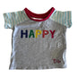 Peter Alexander Age 000 short sleeved t-shirt in grey, mint/white stripe, red with multicolour 'happy' text print on front, mint and white striped sleeves, red neckband, small embroidered bunny logo — gently loved condition.