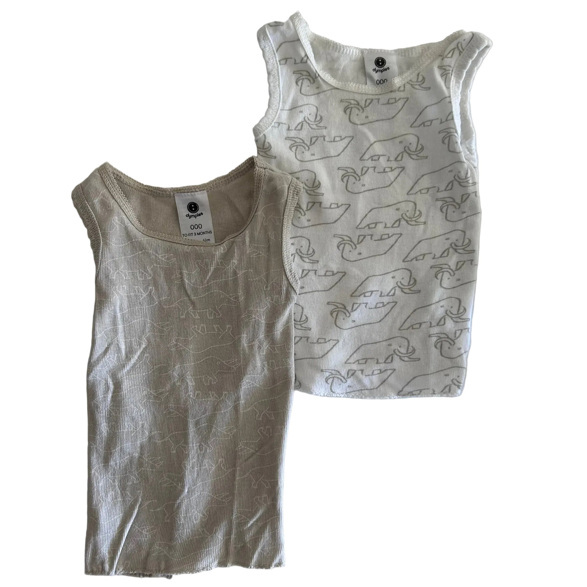 Dymples Age 000 sleeveless singlet / vest in beige/oatmeal with all-over dinosaur print — gently loved condition.