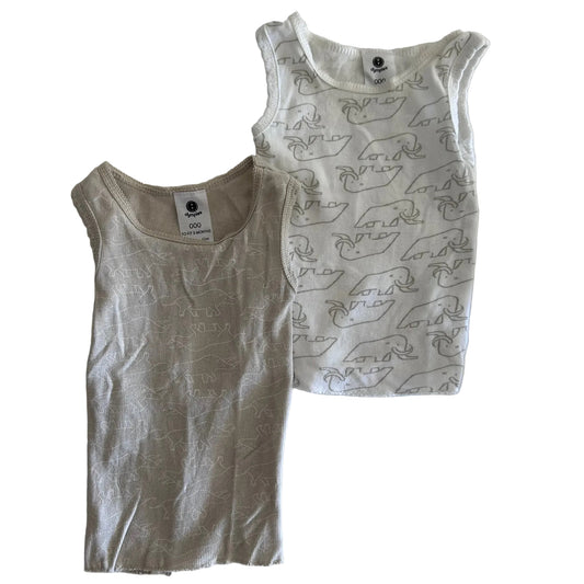 Dymples Age 000 sleeveless singlet / vest in beige/oatmeal with all-over dinosaur print — gently loved condition.