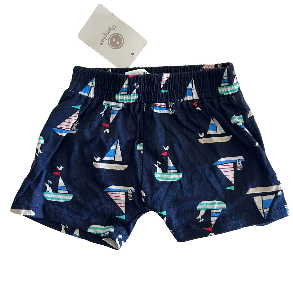 Dymples Age 000 shorts in navy blue, white, red, blue, green with sailboats with animal sailors and seabirds print — new condition.