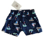 Dymples Age 000 shorts in navy blue, white, red, blue, green with sailboats with animal sailors and seabirds print — new condition.