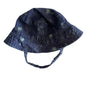 Kids & Co Age 00 bucket hat with chin strap in navy blue, sage green with all-over dinosaur and palm tree print — gently loved condition.