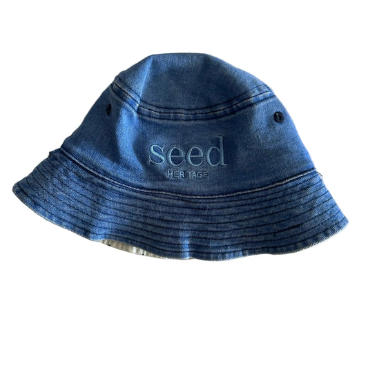 Seed Heritage Age 00 bucket hat in denim blue, white with navy spots with plain denim outer; navy polka dot inner lining — gently loved condition.