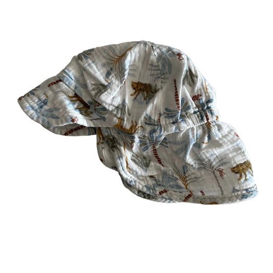 Anko Age 00 baby bucket sun hat with wide brim and neck flap in white, blue, mustard, brown with jungle animal print with tigers, monkeys, and tropical leaves — gently loved condition.