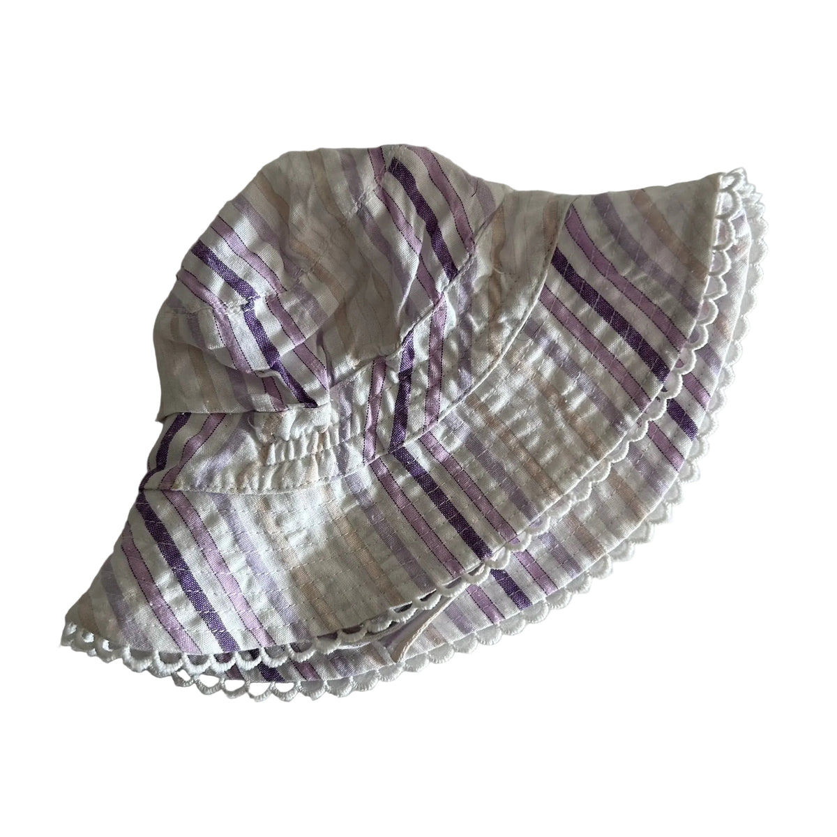 David Jones Age 0 bucket hat in white, lavender, purple, beige with diagonal stripes, scalloped trim on brim — gently loved condition.