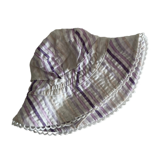David Jones Age 0 bucket hat in white, lavender, purple, beige with diagonal stripes, scalloped trim on brim — gently loved condition.