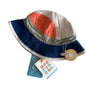 Kooringal Age 0 bucket sun hat in navy, orange, cream, olive with colour block panels with perforated detail on orange section, quilted stitching on brim — new condition.