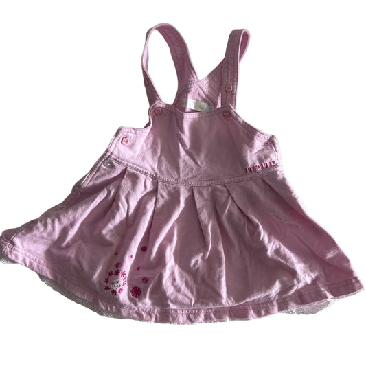 Chou Chou Age 2 pinafore dress in pink with floral embroidery and sequin detail on skirt, white lace hem trim, decorative pink buttons — gently loved condition.