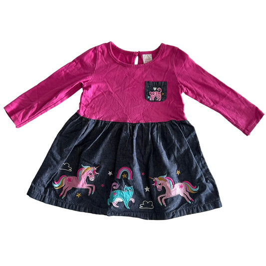 Ollies Place Age 2 long sleeve dress in hot pink and charcoal grey with embroidered unicorn, cat, rainbow and star appliques on skirt; small cat patch on chest pocket — gently loved condition.