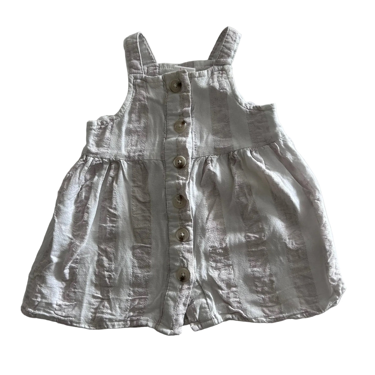 Seed Heritage Age 00 sleeveless button-front dress in white and light grey with vertical stripes — gently loved condition.