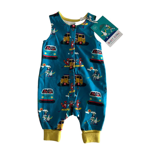 Ducky Zebra Age 000 sleeveless romper in teal, yellow, multicolour with illustrated animals (zebra, fox, cat) surfing and riding retro campervans — new condition.