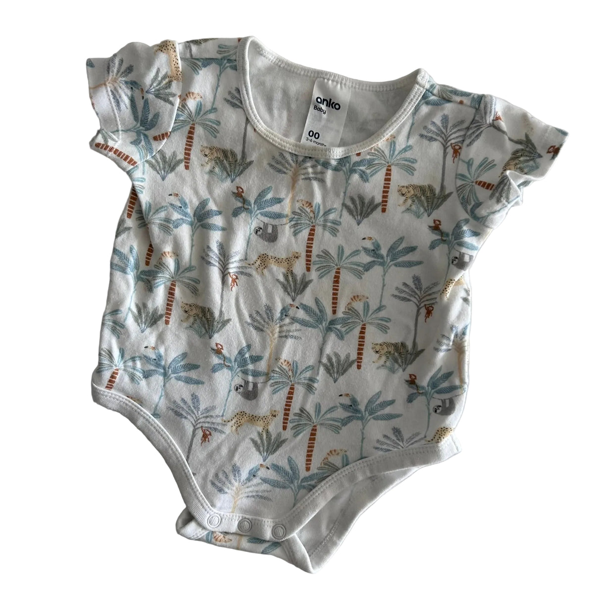 Anko Age 00 short sleeve bodysuit in white, blue, terracotta, beige with tropical jungle animals print — tigers, cheetahs, sloths, monkeys, toucans, and palm trees — gently loved condition.