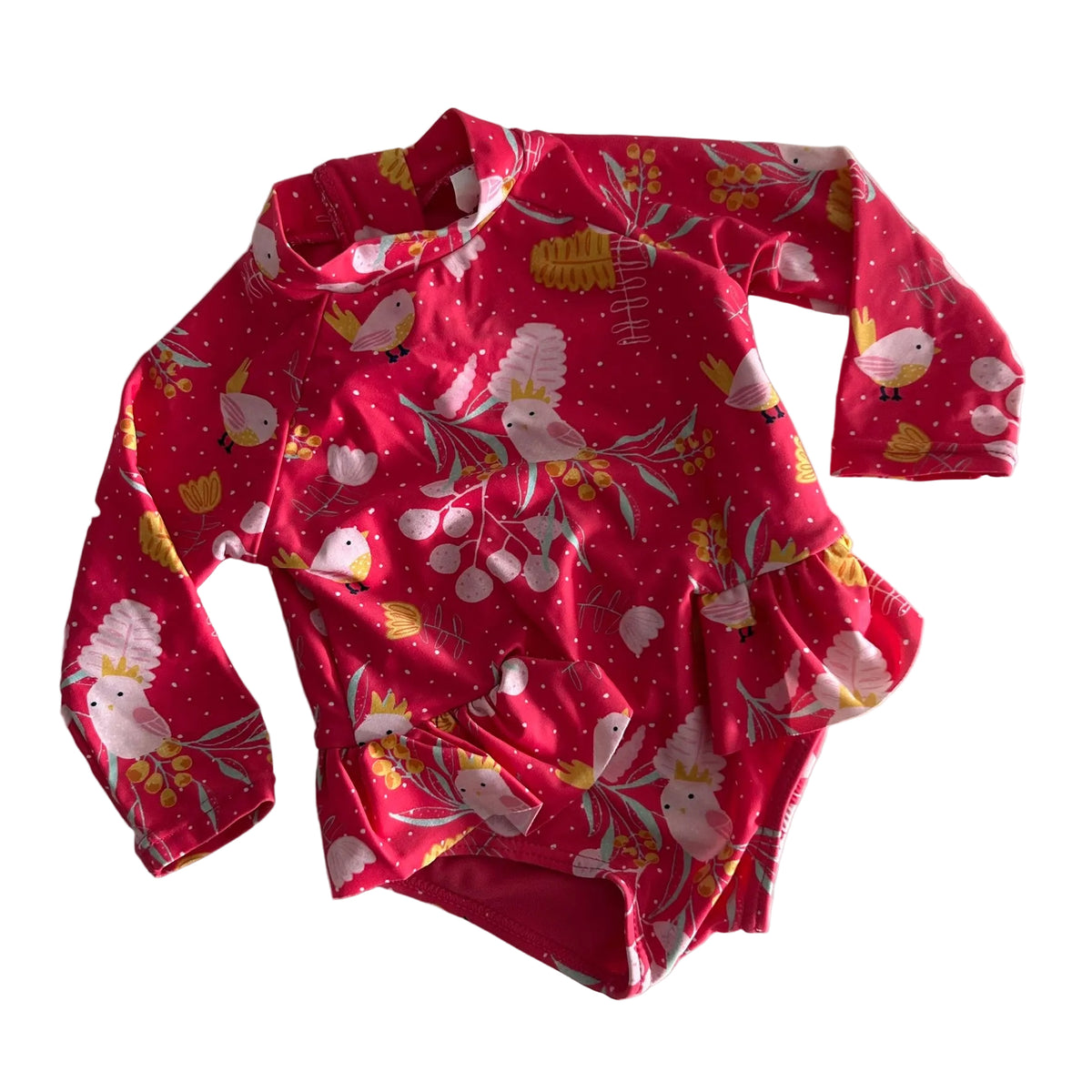 Sprout Age 0 long sleeve one-piece swimsuit with frill skirt and front zip in hot pink, white, yellow, mint green with cockatoo and bird print with berries, leaves and white polka dots — gently loved condition.