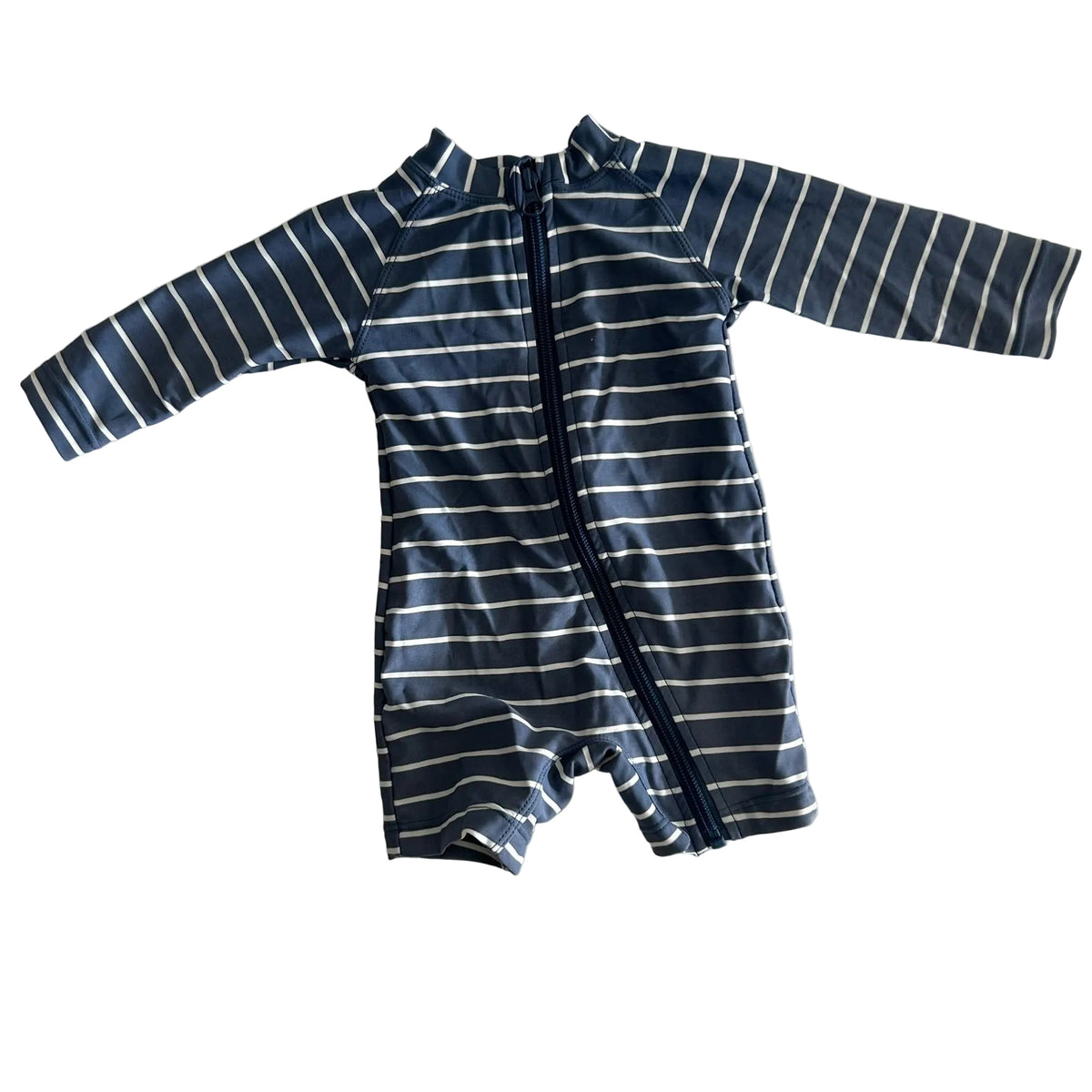 Anko Age 00 long sleeve zip-up baby swimsuit / rashguard romper in navy blue and white with horizontal stripes — gently loved condition.