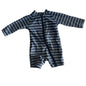 Anko Age 00 long sleeve zip-up baby swimsuit / rashguard romper in navy blue and white with horizontal stripes — gently loved condition.
