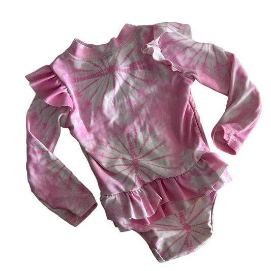 Cotton On Age 0 long sleeve one-piece swimsuit in pink and white with tie-dye spiral print with ruffle trim — gently loved condition.